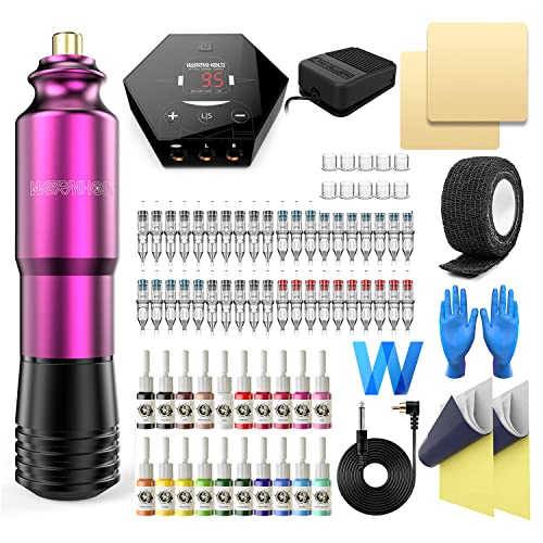 Wormhole Rotary Tattoo Machine Kit - 40 Cartridges, 20 Inks, Power Supply - Complete Professional Tattoo Pen Set for Beginners and Artists