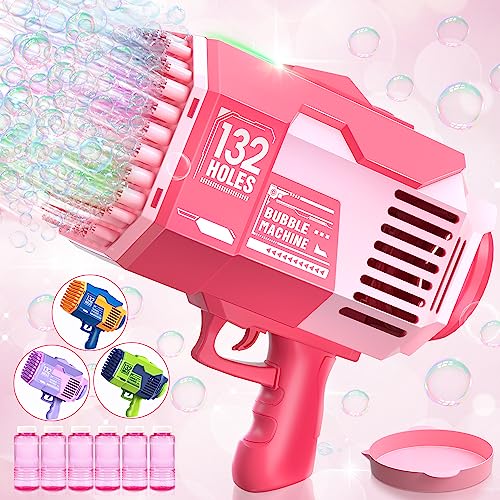 Bubble Machine Gun, Upgraded 132 Holes Bubble Gun with Lights/Bubble Solution, Bubble Maker for Kids Boys Girls Adults Outdoor Indoor Birthday Wedding Party Gifts,Pink