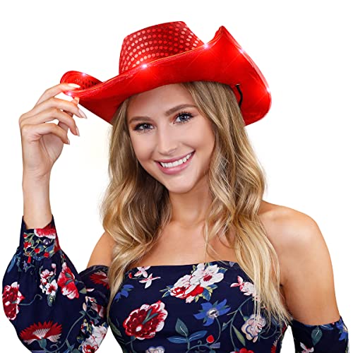 FlashingBlinkyLights Red Sequin Light Up LED Cowboy Hat with Red LED Brim