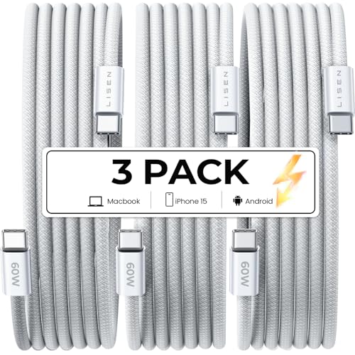 LISEN USB C Cable to USB C for Safe Certified 60W 3-Pack 6.6ft USBC to USBC Cable Type C Fast Charging Charger Cable Cord for iPhone 15 Pro Max Plus Samsung S23 Note 20 iPad Pro Air Mini MacBook Air