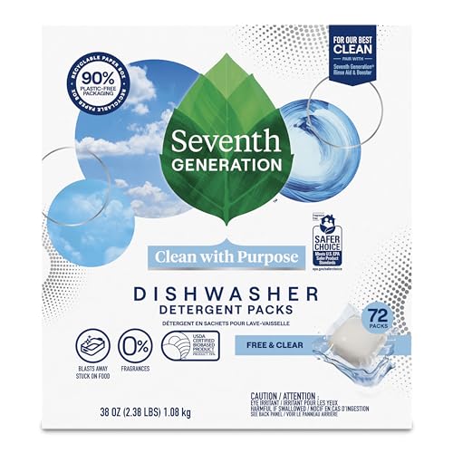 Seventh Generation Dishwasher Detergent Packs for sparkling dishes Free & Clear Dishwasher Tabs, 72 Count (Pack of 1)