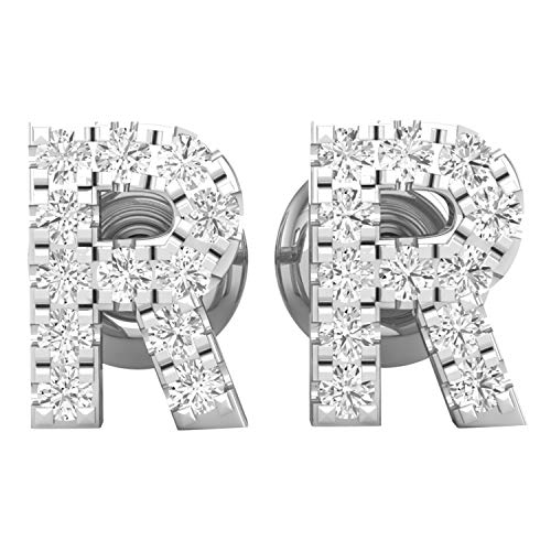 Dazzlingrock Collection 0.10 Carat (ctw) Round White Diamond Ladies Alphabet Initial letter R Stud Earring for Mother's Day 1/10 CT, 10K White Gold