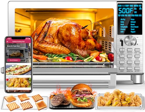 Nuwave Bravo XL Air Fryer Toaster Smart Oven, 12-in-1 Countertop Grill/Griddle Combo, 30-Qt XL Capacity, 50F-500F adjustable in precise 5F increments, Integrated Smart Thermometer, Linear T Technology