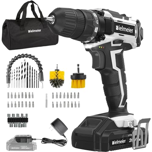 Bielmeier 20V MAX Cordless Drill Set, Drill kit with Lithium-Ion and charger,3/8 inches Keyless Chuck, Electric Drill with 2-variable speed switch LED Drill 2 pcs Brush and 58pcs Drill Bits