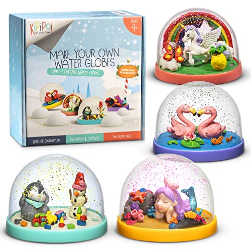 Kipipol Snow Globe Making Kit for Kids - Make Your Own Snow Globes for Girls w/ 4 DIY Snowglobe, 5 Figures, 20 Packs of Modeling Clay for Kids for Sculpting - Arts and Crafts for Girls & Boys 8-12-4-8