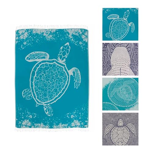 Sand Cloud Extra Large Turkish Beach Towel - Free 100% Organic Cotton Yarn Quick Dry for Beach, Picnic, Blanket or Bath As Seen on Shark Tank Marine Life (Crush Turtle Teal)