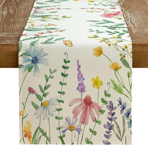 GEEORY Spring Table Runner 13x72 Inch Watercolor Wild Flower Farmhouse Rustic Holiday Kitchen Dining Table Decoration for Indoor Outdoor Dinner Party Décor