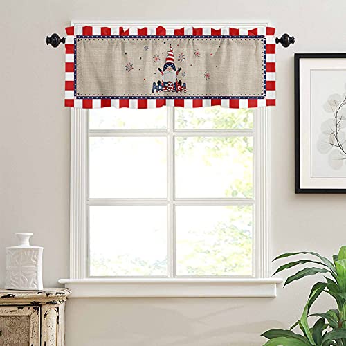 Independence Day Gnomes Kitchen Valances for Windows 4th of July USA Flag Stars Gnome Red White Stripes Rod Pocket Curtain Valances for Living Room Bedroom Cafe Window Treatment, 1 Panel, 54x18 Inch