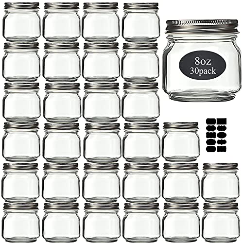 Rainforce Mason Jars 8 oz 30 Pack- Small Mason Jars With Silver Lids -1/4 Quart Canning Jars| Storage Pickling Jars For Jelly, Jam, Honey, Pickles - Spice Glass Jars - With 30 Chalkboard Labels