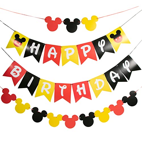 CHuangQi Colorful Happy Birthday Banner with Mickey Style Bunting, Mickey-themed Birthday Party Supplies