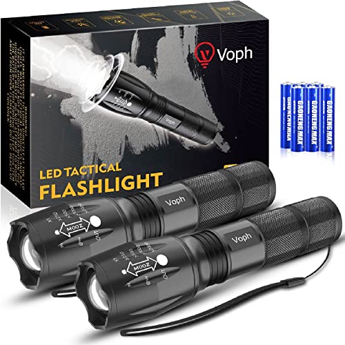 Voph Flashlight 2 Pack, 5 Modes 2000 Lumen Tactical LED Flash Light, High Lumens Bright Waterproof Flashlights, Focus Zoomable Flash Lights for Camping, Gifts for Birthday for Men Women Adult
