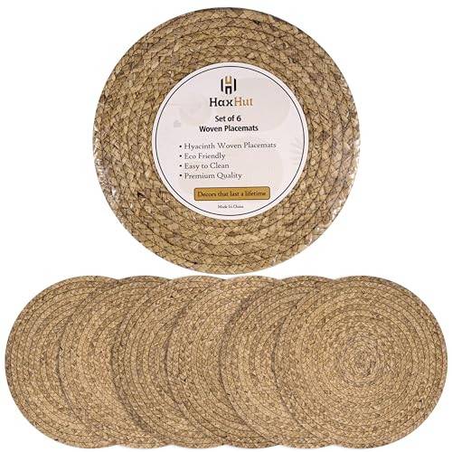 Haxhut Round Woven Placemats - Natural Placemats Set of 6, Straw Braided Rattan Placemats, 13.5 Inches, Non-Slip, Heat Resistant, Hand Woven Chargers for Dining Table (Pack of 6)
