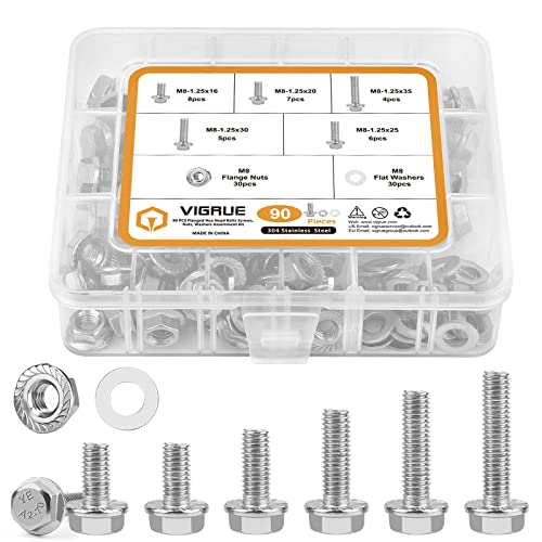 M8-1.25 x 16/20/25/30/35mm Flanged Hex Head Bolts, VIGURE 90PCS M8 Flange Hexagon Screws Serrated Flange Nuts Washers, Stainless Steel 18-8 (304), DIN 6921