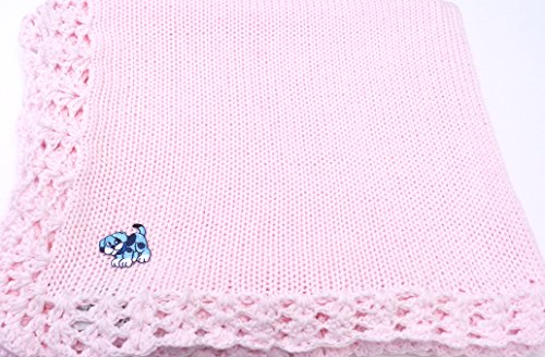 Knitted Crochet Finished Pink Cotton Baby Blanket with Blue Dog Applique'.