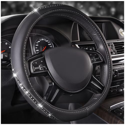 CAR PASS Bling Diamond Black Leather Steering Wheel Cover, Studded Crystal Rhinestones Universal Fit 14' 1/2-15' Glitter for Women Sparkle Girl Fit Suvs,Vans,Sedans,Car,Trucks, Silver Diamond