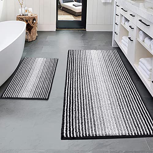 BSICPRO Bathroom Rugs and Mats Sets, 2 Piece Thick Absorbent Chenille Bath Mat Rug Set Non Slip, Soft Shaggy Bath Room Floor Mats for Bathroom, Machine Washable (20' x 47' Plus 16' x 24', Black)