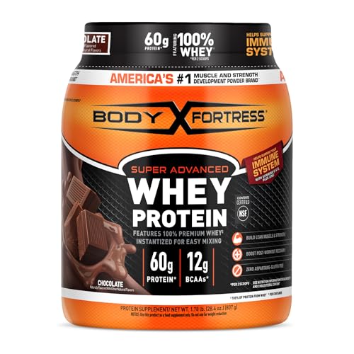 Body Fortress Super Advanced 100% Premium Whey Protein Powder, Chocolate, 60g Protein & 12g BCAAs Per 2 Scoops, Muscle Gain & Recovery, Immune Support with Vitamins C & D, 1.78lbs (Packaging May Vary)