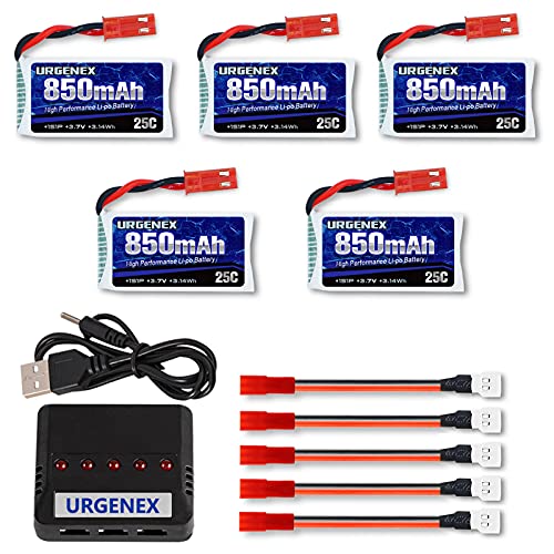 URGENEX 3.7V Lipo Battery 850mah Rechargeable Lipo with JST Plug X5 Charger for MJX Syma Holy Stone Sky Viper RC Quadcopter Drone X56W X400 X400W X300C X400C X800 HS110 HS200 S670 V950hd S1750 V2450