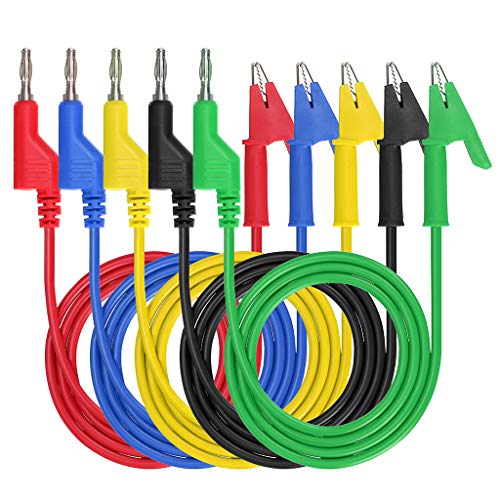 Sumnacon Multimeter Banana Plug to Crocodile Alligator Clip Test Probe, 5PCS 4mm Stackable Colorful Silicone Banana Plug to Alligator Clip Test Probe Lead Wire Cable 1M