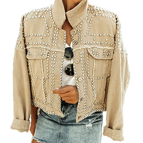 APAFES Women's Fashion Crop Fringe Denim Jacket Distressed Western Studded Black Trucker Jacket(0270-Khaki-XL-NG)