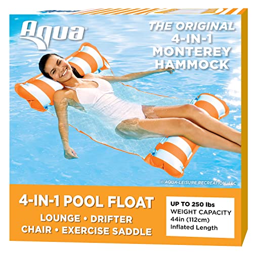 Aqua Original 4-in-1 Monterey Hammock Pool Float & Water Hammock – Multi-Purpose, Inflatable Pool Floats for Adults – Patented Thick, Non-Stick PVC Material – Orange/White Stripe