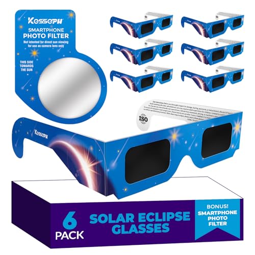 Solar Eclipse Glasses AAS Approved 2024, (6 Pack) CE and ISO Certified Eclipse Observation Glasses, Safe Shades for Direct Sun Viewing, Bonus Smartphone Photo Filter Lens, Blue Stars Design