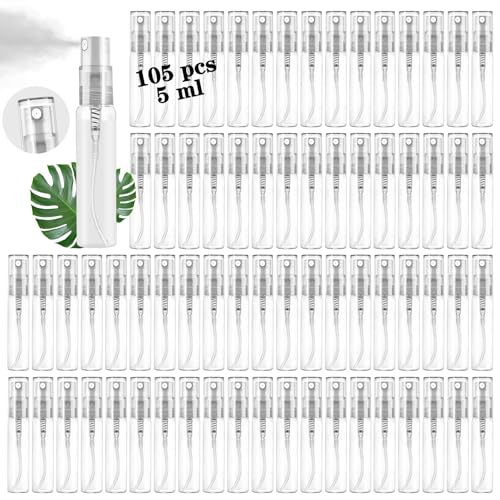 Csdtylh Mini Spray Bottle 105PCS 5ML Clear Glass Perfume Bottles Refillable Fine Mist Spray Bottles Empty Fragrance Sample Spray Containers Cosmetics Atomizer for Cleaning,Travel,Essential Oils