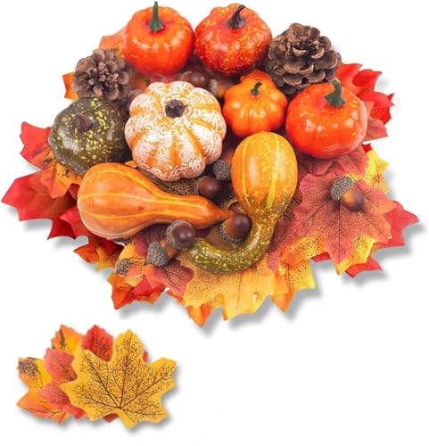 DomeStar 50 PCS Thanksgiving Artificial Pumpkins and Gourds Set, 8 PCS Fake Pumpkins, 12 PCS Pinecones and Acorns, 30 PCS Fake Maple Leaves Fall Wedding Tables Centerpieces