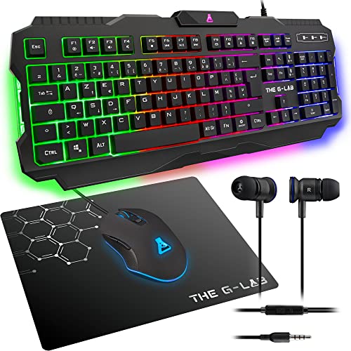 G-LAB Combo Helium - 4-in-1 Gaming Bundle - Backlit QWERTY Gamer Keyboard, 3200 DPI Gaming Mouse, in-Ear Headphones, Non-Slip Mouse Pad - PC Mac PS4 PS5 Xbox One Gamer Pack