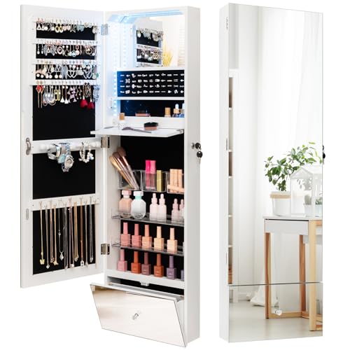 GOFLAME Jewelry Cabinet Armoire Wall Mounted, Lockable Jewelry Storage Organizer with Full-Length Mirror, 3-Color LED Lights, Inner Mirror, 47.2' Tall Jewelry Armoire for Living Room, Bedroom, White