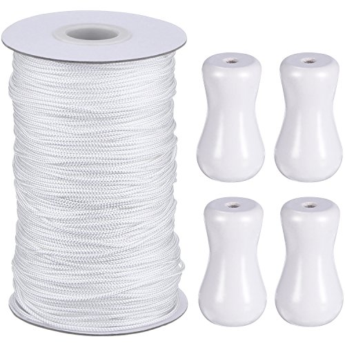 Hestya 1.8 mm White Braided Lift Shade Cord 55 Yards/Roll with 4 Pieces White Wood Pendant for Aluminum Blind Shade, Gardening Plant and Crafts (White)