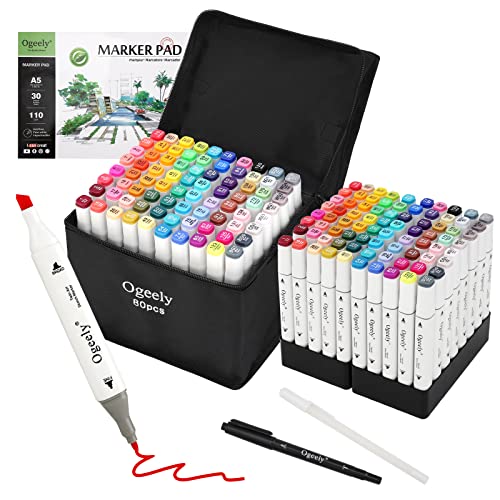 Ogeely Alcohol Markers, 82 Color Dual Tip Art Markers for Kids Adults, Permanent Sketch Markers for Artists, with Organizing Case, Black Liner and Pad, for Illustration Designing Drawing