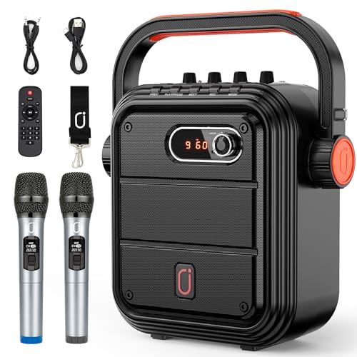 JYX 66BT Karaoke Machine with 2 UHF Wireless Microphones, Portable Bluetooth Speaker PA System with Shoulder Strap, Subwoofer Support TWS, Radio, AUX In, REC, Bass&Treble for Party/Meeting/Adults/Kids