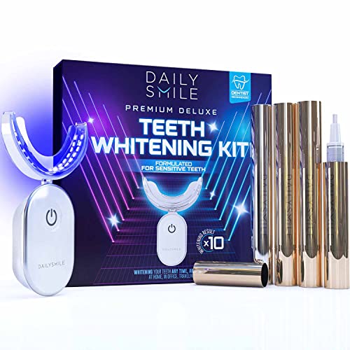 DailySmile Premium 10-Min Teeth Whitening Kit for Sensitive Teeth, Helps Remove 20 Years of Stains, Teeth Whitening Strips Alternative, Waterproof 28X LED Teeth Whitening Light, 4 Teeth Whitening Pen