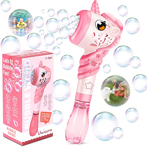 Unicorn Bubble Wand for Kids, Princess Toy Bubble Machine Blower Maker Outdoor Mower Toys with Light, Party Birthday Gifts for 1 2 3 4 5 6+ Years Old Toddlers Little Girls Include Bubble Solution Pink
