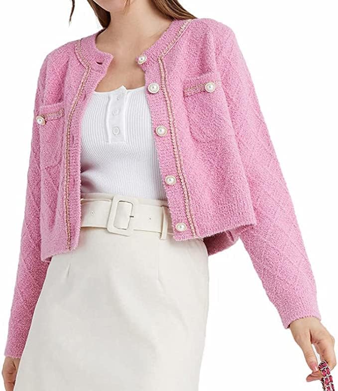 URBAN REVIVO Women's Casual Cardigans Open Front Chunky Short Pearl Button Vintage Long Sleeved Cropped Sweater Outwear Pink