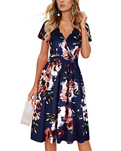 OUGES Women's Summer Short Sleeve V-Neck Pattern Knee Length Casual Party Dress with Pockets Summer Dresses for Women 2024(Floral02,L)