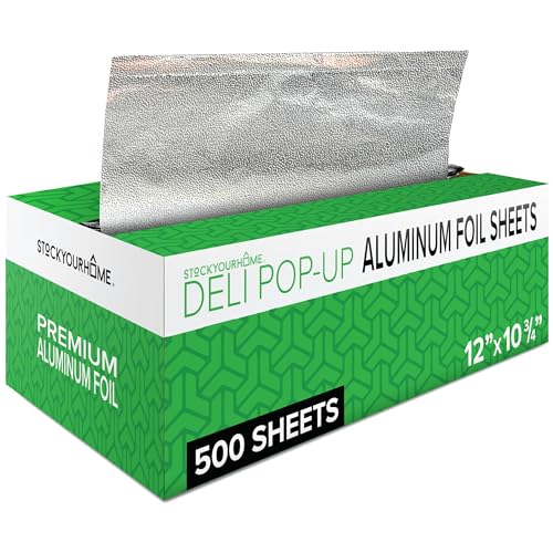 500 Count Pre-Cut Deli Aluminum Foil Sheets, 12” Pop Up Foil Sheets for Restaurant, Disposable Foil Sheets for Food, Tin Foil Sheets for Burrito, Hot Dog or Sandwich, Stock Your Home