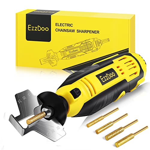 EzzDoo Electric Chainsaw Sharpener Kit with TITANIUM-PLATED Diamond Bits - High-Speed Chain saw Sharpener Tool and 4 Sizes High Hardness Sharpening Wheels For All Chainsaw Chains.
