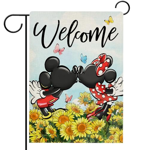 Hzppyz Welcome Spring Summer Cartoon Mouse Garden Flag Double Sided, Sunflower Floral Decorative Yard Outdoor Home Small Decor, Butterfly Fall Autumn Burlap Outside House Decoration 12 x 18