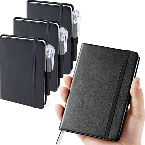(3 Pack) Pocket Notebook Journal, Hardcover Small Mini Notebooks with Pens for Work, 3.7' x 5.7' A6 Notebook College Ruled with 100Gsm Premium Thick Lined Paper, Black Leather