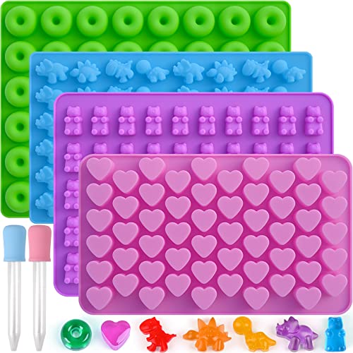 Sakolla Gummy Candy Molds Silicone with 2 Droppers Pack of 4 Mini Silicone Molds Including Dinosaur, Bear Shape, Hearts and Donut Gummie Chocolate Molds for Kids