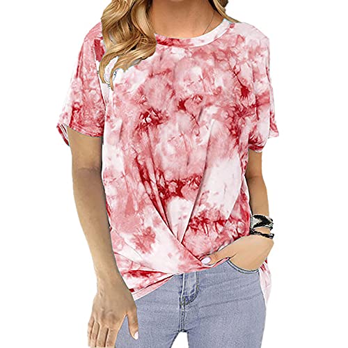 Janepam Womens T-Shirt Plus Size Tops Tie-Dye Multicolor Ombre Gradient Knotted Short Sleeve Crew Neck Loose Summer Tee Blouse(A Wine,2XL)