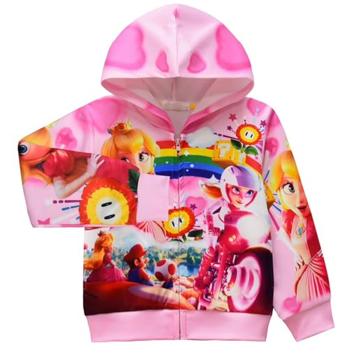 Oman nylon Girls Super Brothers Princess Hoodie Zipper Long Sleeve Sweatshirts 3D Printing Graphic Cartoon Hoody Top For Kids 4-9Years(120,Pink)