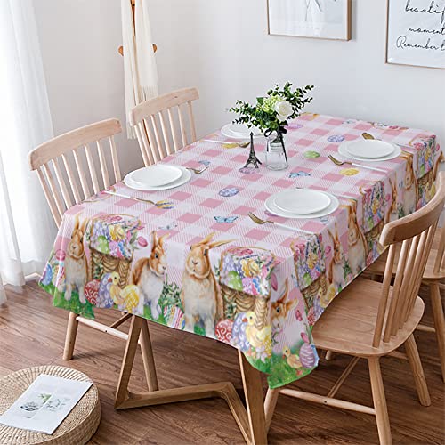 ZEREAA Waterproof Spillproof Rectangle Tablecloth, Pink Plaid Easter Bunny and Floral Spring Theme Table Cover Kitchen, Living Room Dining Table Cloth 60'x84'