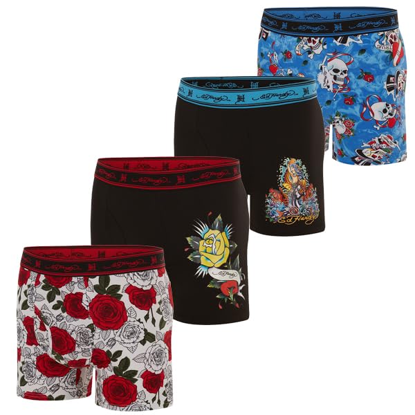 ED HARDY Mens Cotton Stretch Underwear 4 Pack All Day Comfortable Active Gym Boxer Briefs, X-Large