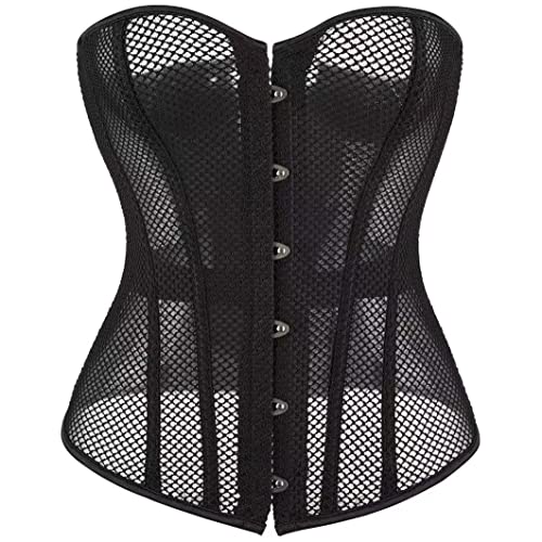 SHYMMUO Women's Black Corset Top Mesh Boned Body Shaper Sexy Lace Up Overbust Waist Trainer S