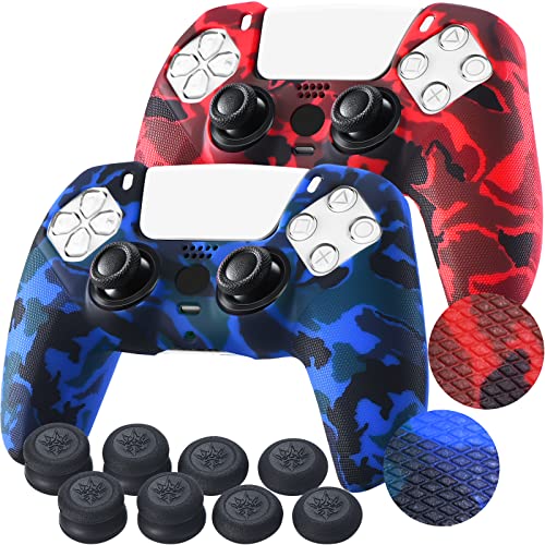 YoRHa Grip Texture Printing Silicone Cover Skin for PS5 Controller x 2(Camouflage Red+Blue) with Pro Thumb Grips x 8