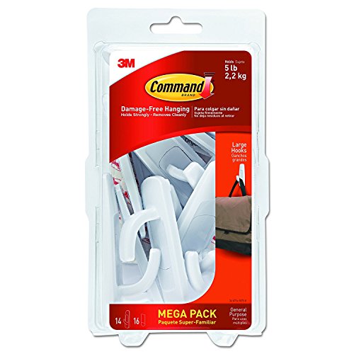 Command Large Utility Hooks, Damage Free Hanging Wall Hooks with Adhesive Strips, No Tools Wall Hooks for Hanging Decorations in Living Spaces, 14 White Hooks and 16 Command Strips