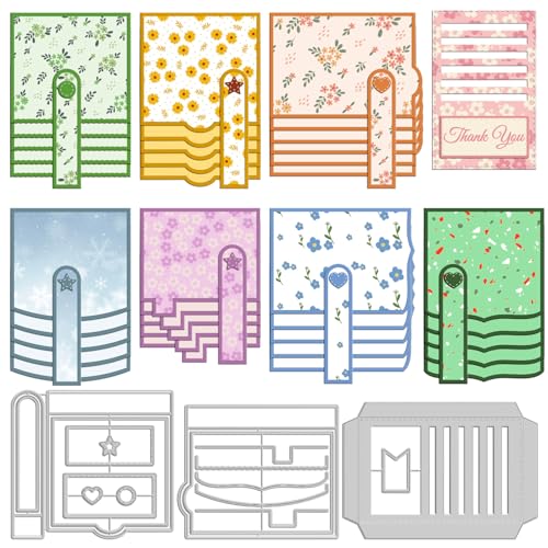 INFUNLY 8 Styles Square Dies Waterfall Flap Die Cut Stitched Slot Tag Die Cut Nesting Dies Set Metal Cutting Dies for Card Making Journal Dies for DIY Scrapbooking Album Paper Crafting Decor